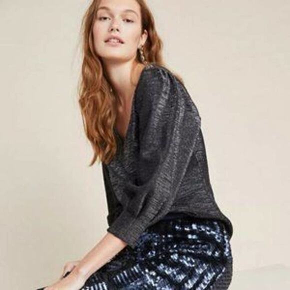 Anthropologie RO & DE Cassidy V-Neck Long Sleeve Metallic Shimmer Blouse Small - Picture 2 of 13
